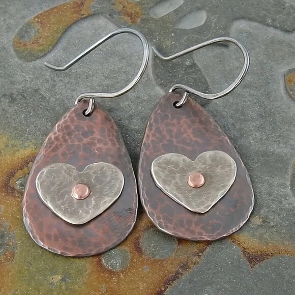 #35 Rustic Bohemian Boho Style Copper Teardrop Earrings with Heart Motif - Picture 2 of 2